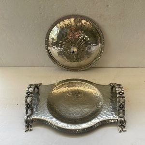 Vintage hand wrought aluminum casserole holder and lid